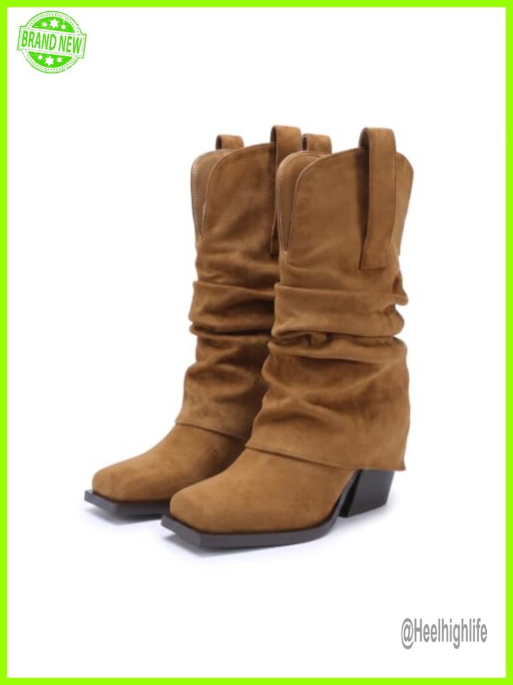 Slouchy Mid Calf Boots Square Toe Chunky Heel Fold Over Suede Pull On